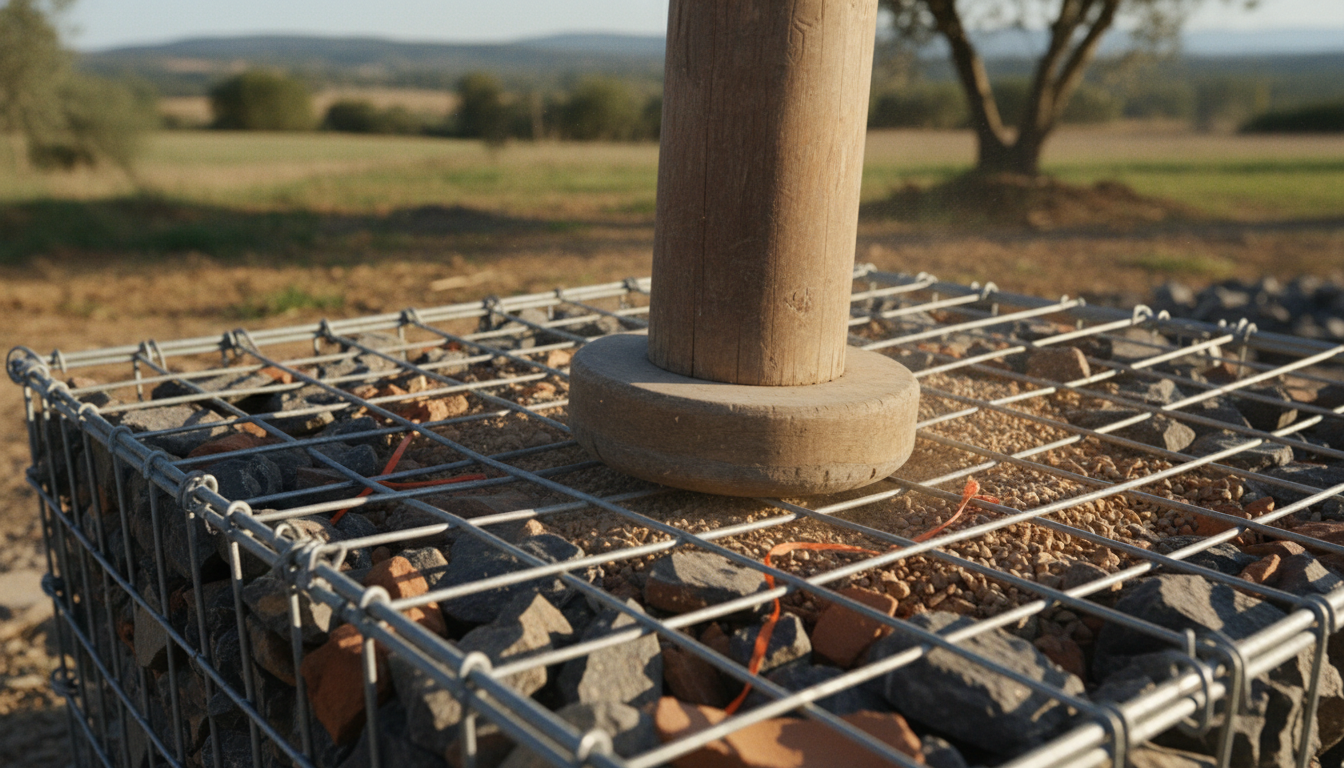 Tampeur en bois utilisé sur le dessus d'un gabion partiellement rempli, pierres visibles en train de se recaler