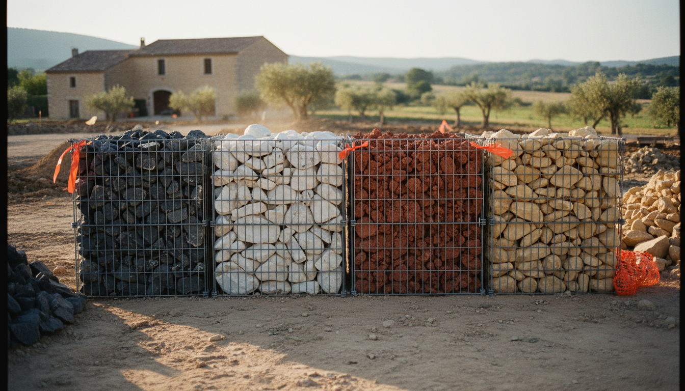 Quatre gabions côte à côte remplis de pierres de couleurs différentes : basalte noir, marbre blanc, scorie rouge, calcaire crème